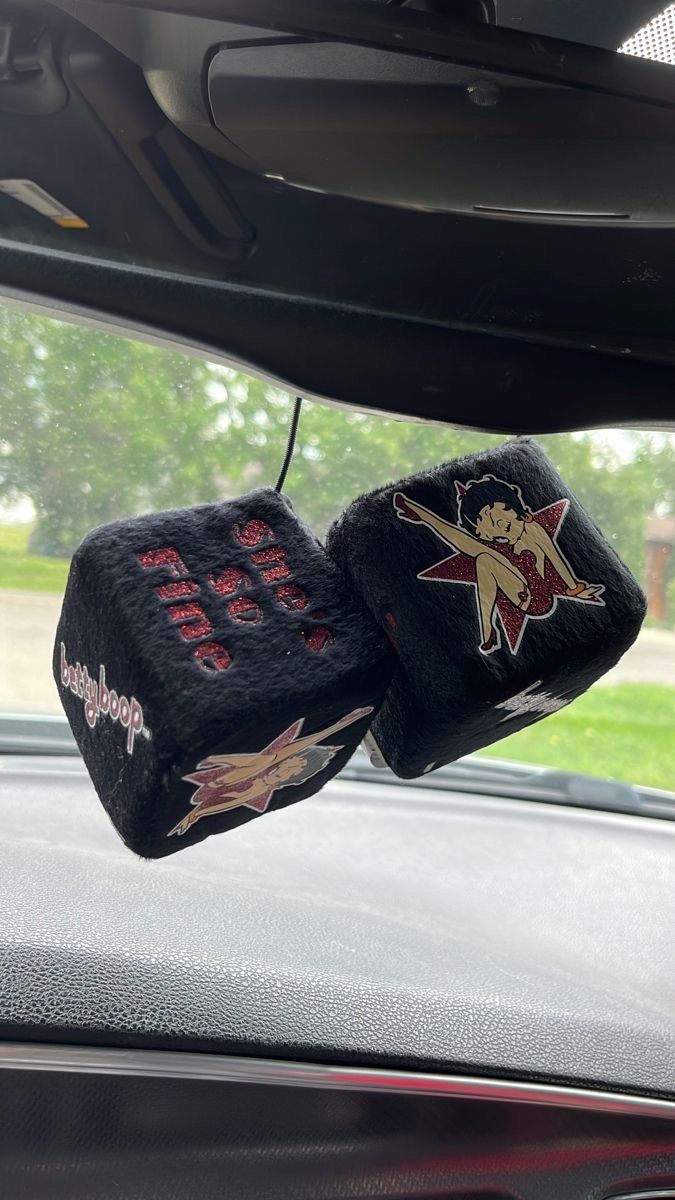 two black dices with red and white designs on them hanging from the side of a car