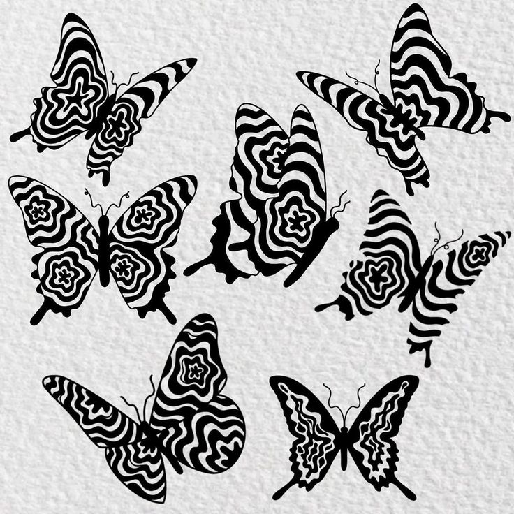 butterflies with black and white designs on them