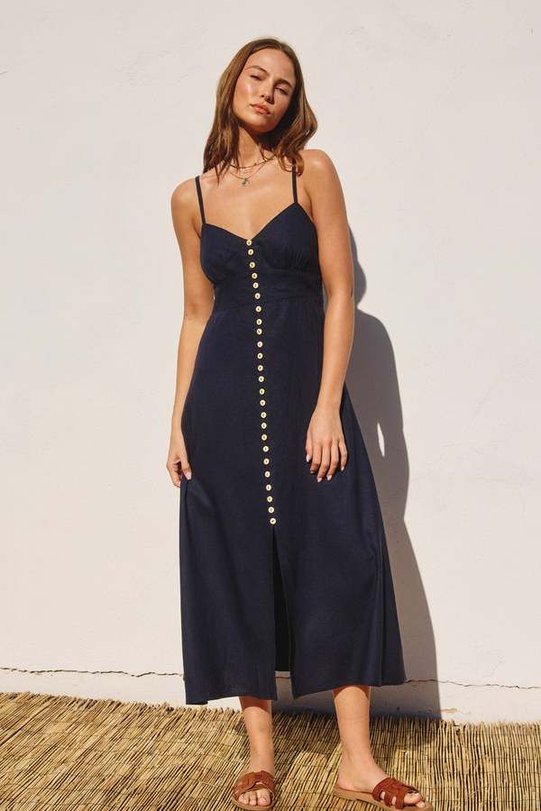 Azalea | ruby midi dress    so chic. navy midi dress with button down detail. has lining.    shell - 70% cotton 30% linen    lining - 100% cotton Blue Sun Dress, Button Front Maxi Dress, Workwear Essentials, Maxi Dress Navy, Navy Midi Dress, Basic Dress, Dresses By Length, Midi Maxi Dress, Sweater Set