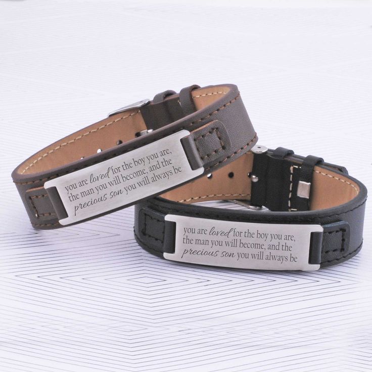 "Perfect for a birthday or Confirmation, this vegan leather bracelet is sure to be a keepsake. A vegan leather bracelet measuring 9.25 inches in length and just under .75 inches wide, fits most and is adjustable from 6-8 inches and goes on like a watch. The stainless steel plate is custom engraved with the phrase \"you are loved for the boy you are, the man you will become, and the precious son you will always be\" Available in black or brown. Let me know if you have any questions and I will pro Personalized Bracelet, Confirmation Gifts, You Are Loved, Stainless Steel Plate, Leather Bracelets, Son Gift, Modern Gift, Personalized Bracelets, Premium Gift