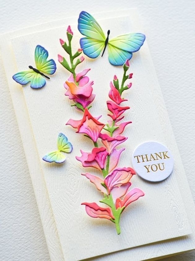 a thank you card with butterflies and flowers