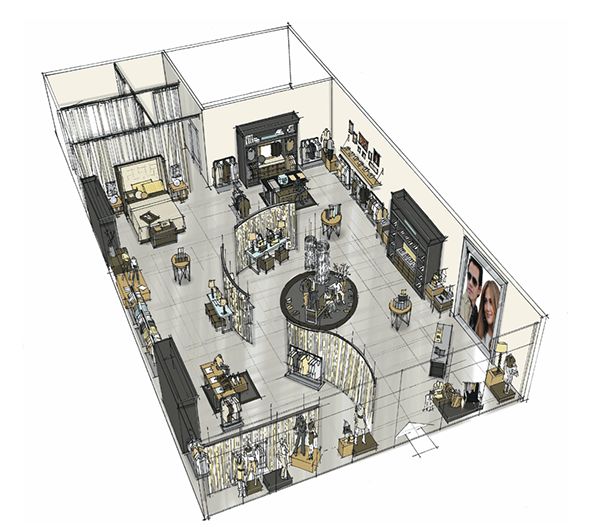 an architectural drawing of a living room and dining area in the center of a floor plan