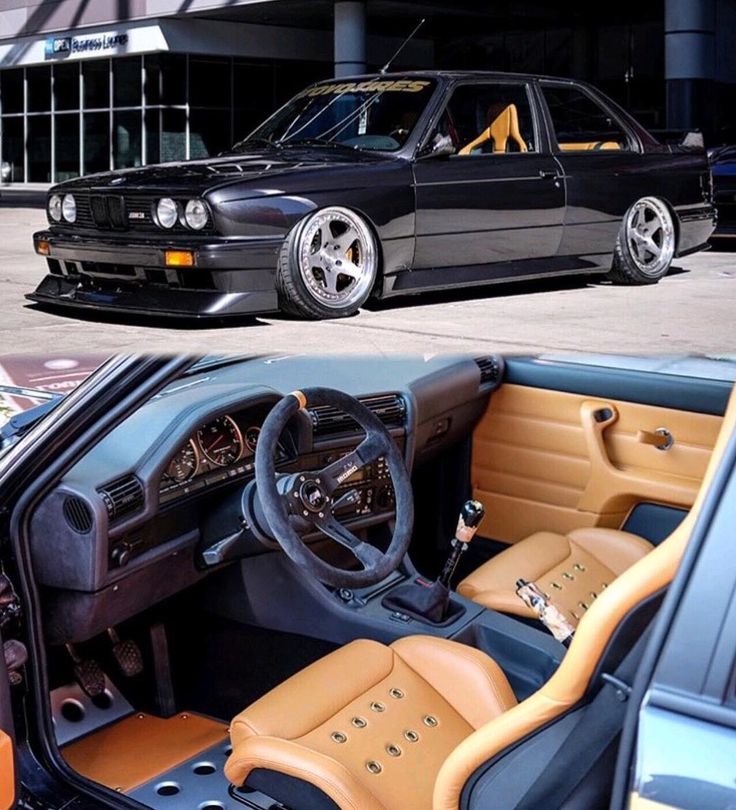 the interior and dashboard of a car are shown in this split screen image, one is black with tan trim