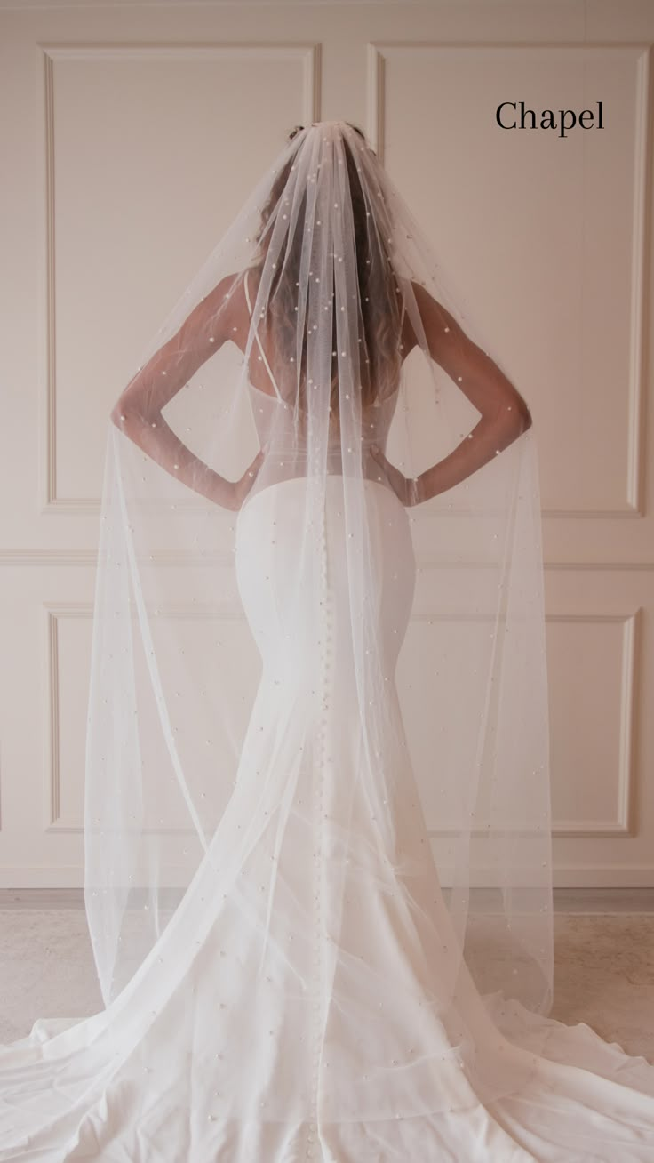 the back of a bride's wedding dress, with her veil draped over her shoulder