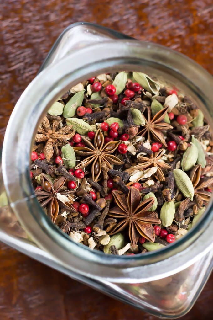 a glass bowl filled with spices on top of a wooden table