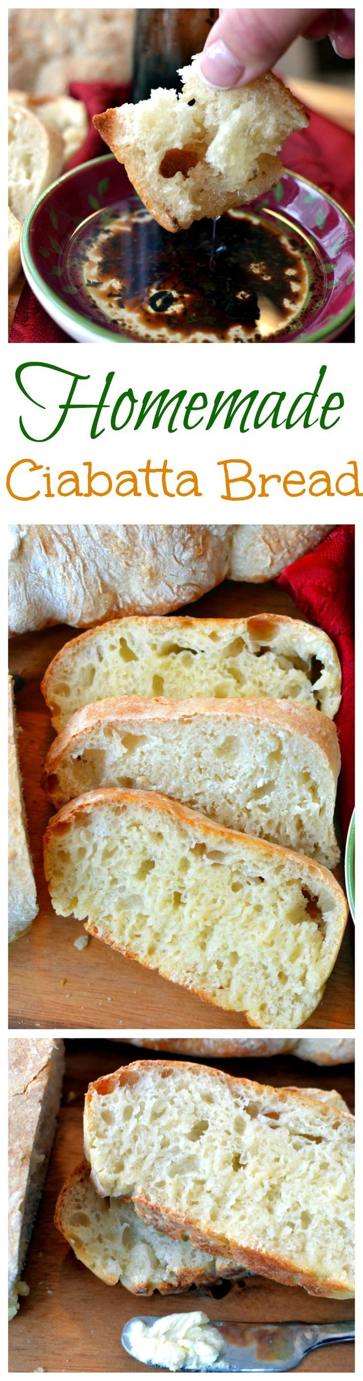 homemade ciabatta bread is cut in half on a cutting board