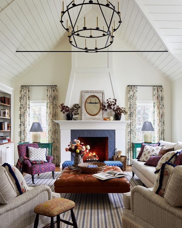 a living room filled with furniture and a fire place in the middle of a room