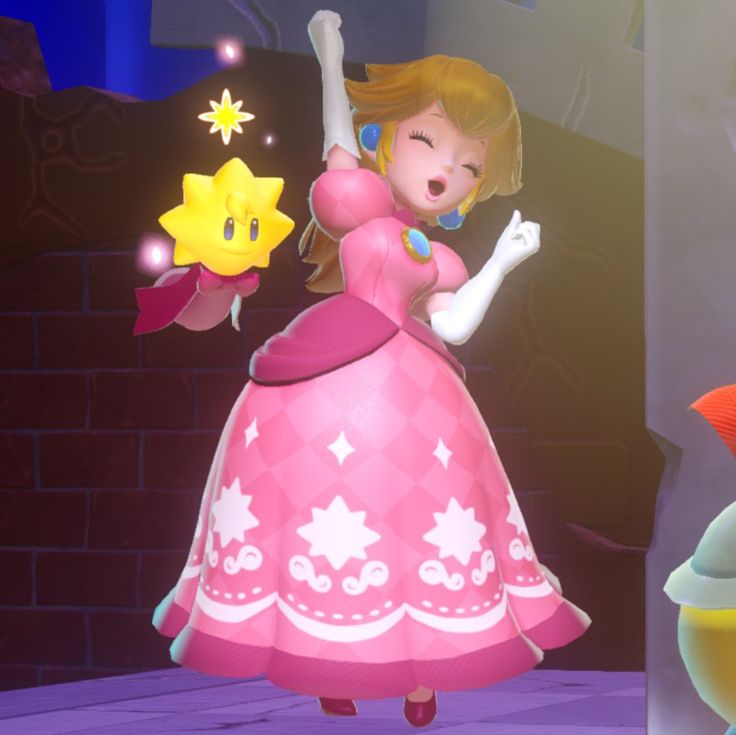 mario kart and princess peach are dancing in front of a brick wall with stars