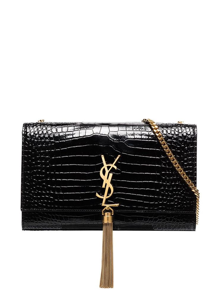 Black leather Kate crocodile-effect shoulder bag from SAINT LAURENT featuring crocodile effect, signature YSL logo plaque, tassel detail, gold-tone hardware, foldover top with magnetic fastening, chain-link shoulder strap and main compartment. Ysl Kate, Ski Accessories, Tassel Bag, Van Cleef Arpels, Saint Laurent Bag, Metal Logo, Metallic Logo, Lady Dior, Hermes Birkin