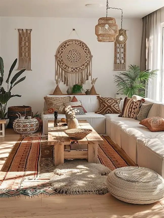 a living room filled with lots of furniture and decor on top of a hard wood floor