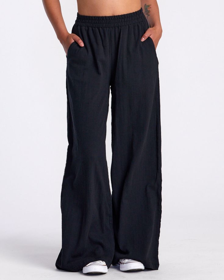 New Yume Wide Leg Pants - RVCA Black Casual Cotton Harem Pants For Relaxation, Baggy Wide Leg Pants With Elastic Waistband For Beach, Cotton Wide Leg Pull-on Pants, Solid Cotton Wide Leg Pull-on Pants, Relaxed Cotton Wide-leg Harem Pants, Relaxed Cotton Pants For Vacation, Relaxed Cotton Beach Pants, Versatile Wide Leg Beach Pants, Relaxed Cotton Pants For Beach