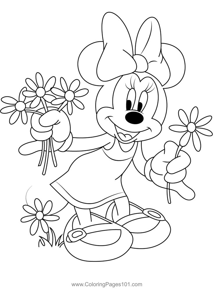 minnie mouse with flowers coloring page