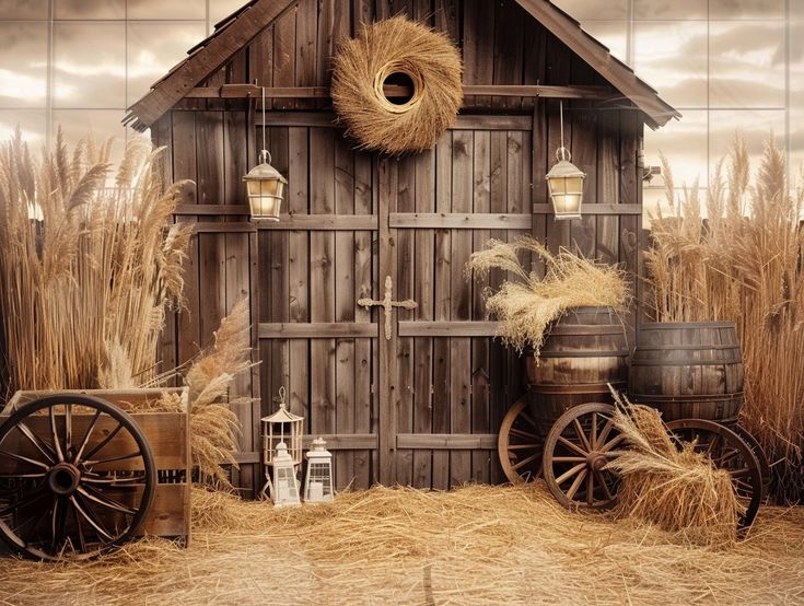 an old barn with hay bales and two wooden wagons in front of it