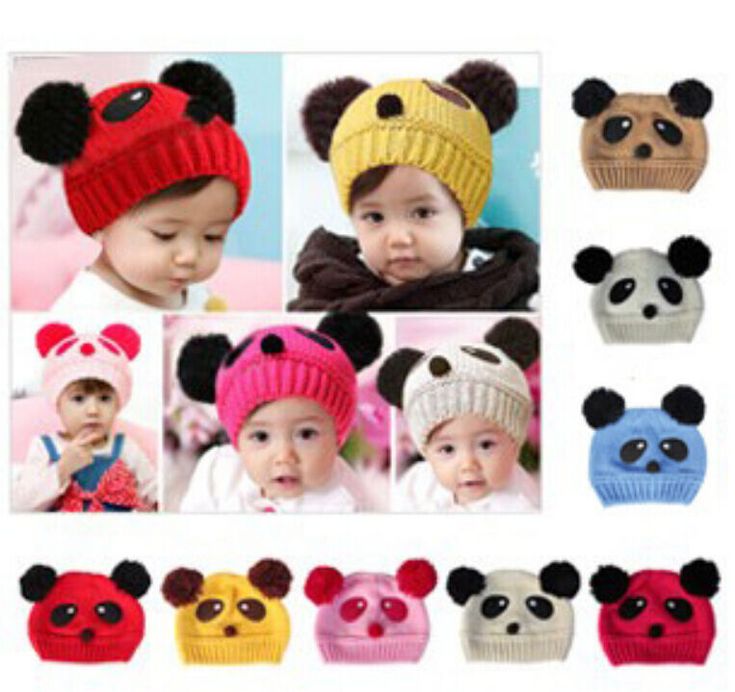 various pictures of children's hats with panda ears on them, all in different colors