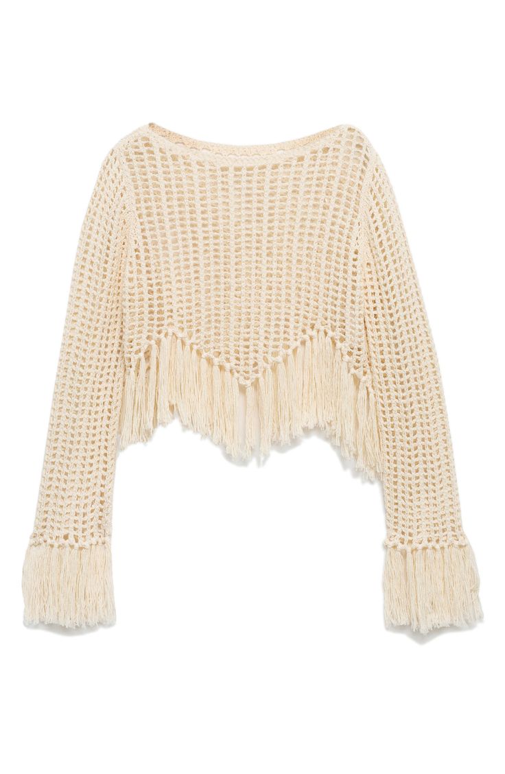 Swingy boho fringe defines the cropped silhouette of this sheer openwork sweater that shows off as much as it covers up. Bateau neck Long sleeves Semisheer 56% polyester, 44% cotton Hand wash, line dry Made in Turkey Boho Fringe, Fringe Sweater, Bateau Neck, Maternity Shops, Designer Clothes For Men, Modern Outfits, Knitwear Cardigan, Knitted Jumper, Toddler Girl Outfits