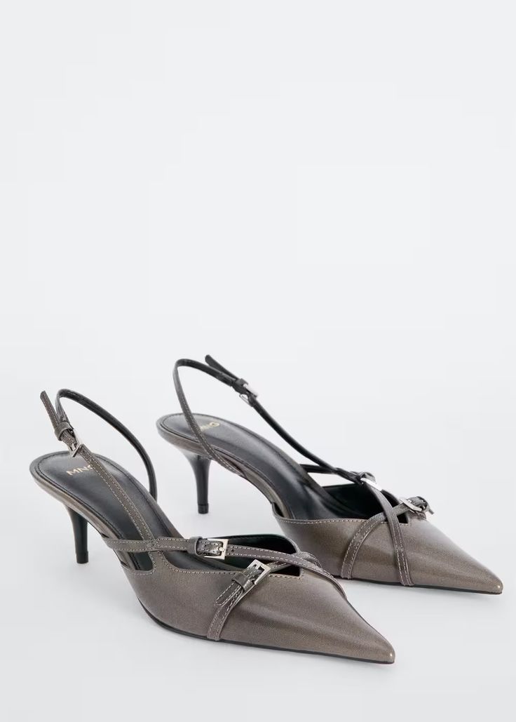 Leather heeled slingback shoes with buckles - Women | Mango USA Mango Heels, Mango Shoes, Shoes 2023, Shoes Too Big, Metallic Shoes, Buckled Heels, Slingback Shoes, Pointed Toe Flats, Slingback Heel