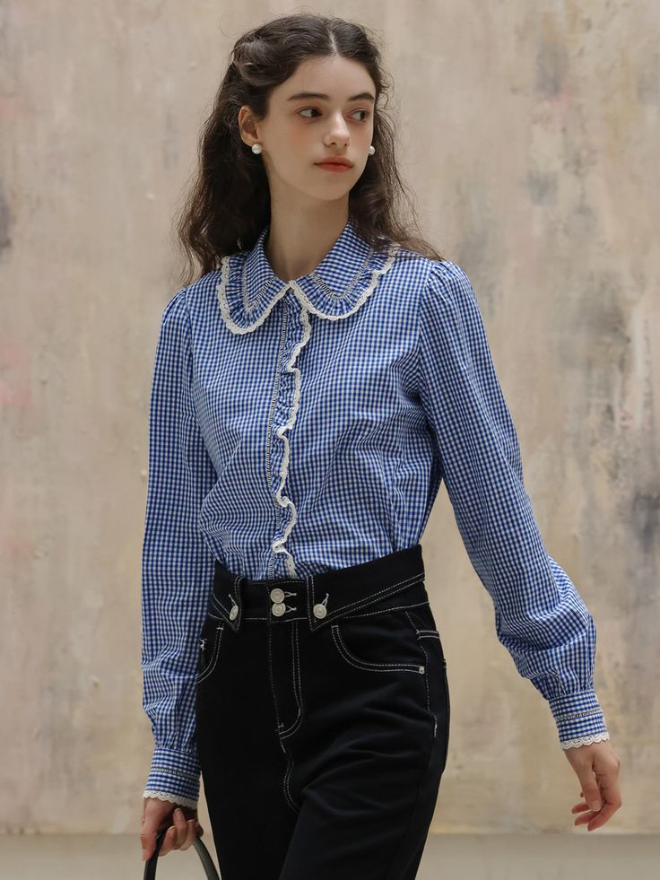 Editor's NotesDUNDROP displays timeless and classic styles with feminine details- Feminine blouse- Lace detail at the placket and collar- Plaid pattern- Puffed shoulderMeasurements(in.)Size: S / M- Length: 23.6 in. / 24.0 in.- Bust: 42.1 in. / 43.7 in.- Shoulder: 15.0 in. / 15.4 in.- Hem circumference: 44.1 in. / 45.7 in.- Sleeve: 24.8 in. / 25.2 in.* Model info: height 5' 7, Fitting size SComposition & Care- 100% cotton- Hand wash or dry cleaningDesigner- by DUNDROP Classic Button-up Top With Contrast Collar, Elegant Top With Striped Spread Collar, Classic Blouse With Placket, Formal Long Sleeve Shirt With Embellished Collar, Classic Tops With Detachable Collar For Work, Classic Long Sleeve Tops With Embellished Collar, Fitted Shirt With Contrast Collar For Work, Classic Long Sleeve Top With Embellished Collar, Fitted Blouse With Detachable Collar For Workwear