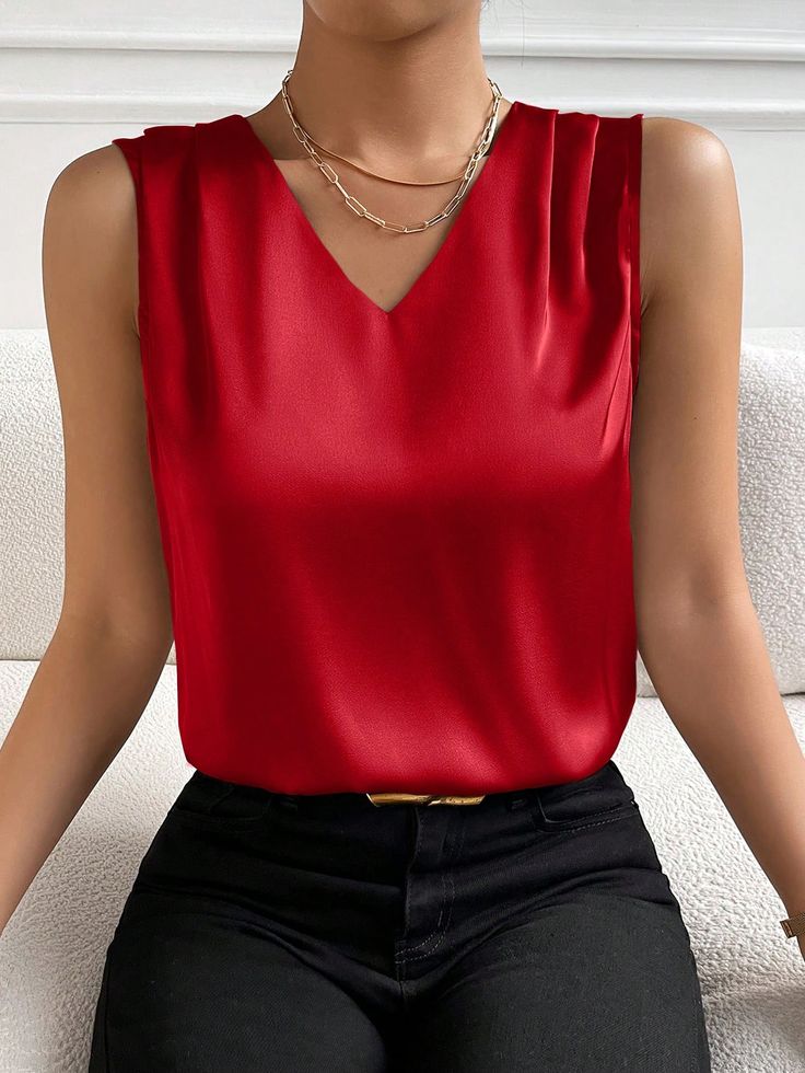 Women's V-Neck Sleeveless Blouse For New Year Holiday Party Clothes,Sleeveless Tops Red Casual  Sleeveless Satin Plain Top Non-Stretch  Women Clothing, size features are:Bust: ,Length: ,Sleeve Length: Red Sleeveless Camisole For Party, Elegant Red Tank Top For Night Out, Chic Red Camisole For Party, Chic Red Camisole For Night Out, Chic Red Party Camisole, Elegant Red Camisole Top, Elegant Red Cami Tank Top, Elegant Red V-neck Tank Top, Casual Red Camisole For Party