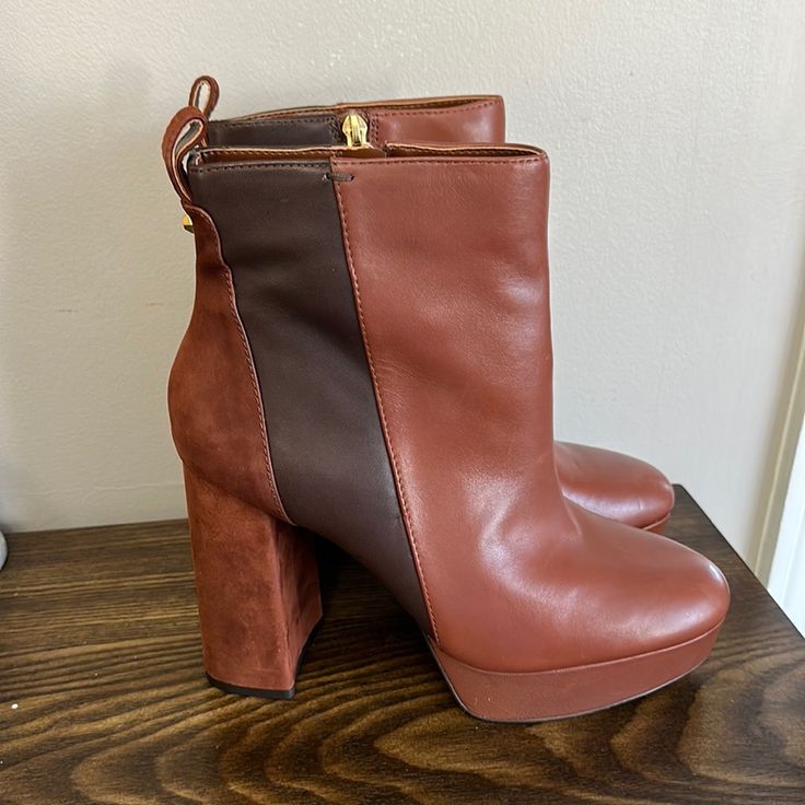 Vince Camuto Gripaula Heeled Bootie Cognac Size 9.5 Brand New Without Box Brown Ankle Strap Heels For Fall, Brown Suede Heels With Leather Lining, Brown Leather Round Toe Heels, Brown Leather Heels For Fall, Brown High Heel Boots With Contrasting Heel Counter, Brown Suede Heels With Reinforced Heel, Brown Leather Block Heel Shoes, Brown High Heel Boots With Heel Tab, Brown Suede Heels Medium Width