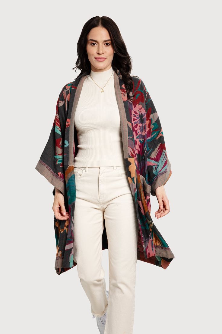 Set the tone for the season with our Floral Cotton Kimono Jacket. Made from 100% cotton, it features a bold, colorful floral pattern for a modern twist on a classic look. Its lightweight fabric makes it great for adding color to your workwear or casual outfits in the warmer seasons. Material: 100% Cotton Length: 31" Width: 46" Sleeve Opening: 28" Grey, Deep Pink, Aqua Made In India Model: 5' 8" Multicolor Cotton Outerwear For Work, Printed Cotton Outerwear For Work, Casual Fall Outerwear With Abstract Print, Casual Multicolor Cotton Kimono, Casual Floral Print Kimono For Fall, Floral Print Relaxed Fit Outerwear For Fall, Relaxed Fit Floral Print Outerwear For Fall, Printed Cotton Fall Outerwear, Multicolor Outerwear With Abstract Print For Fall