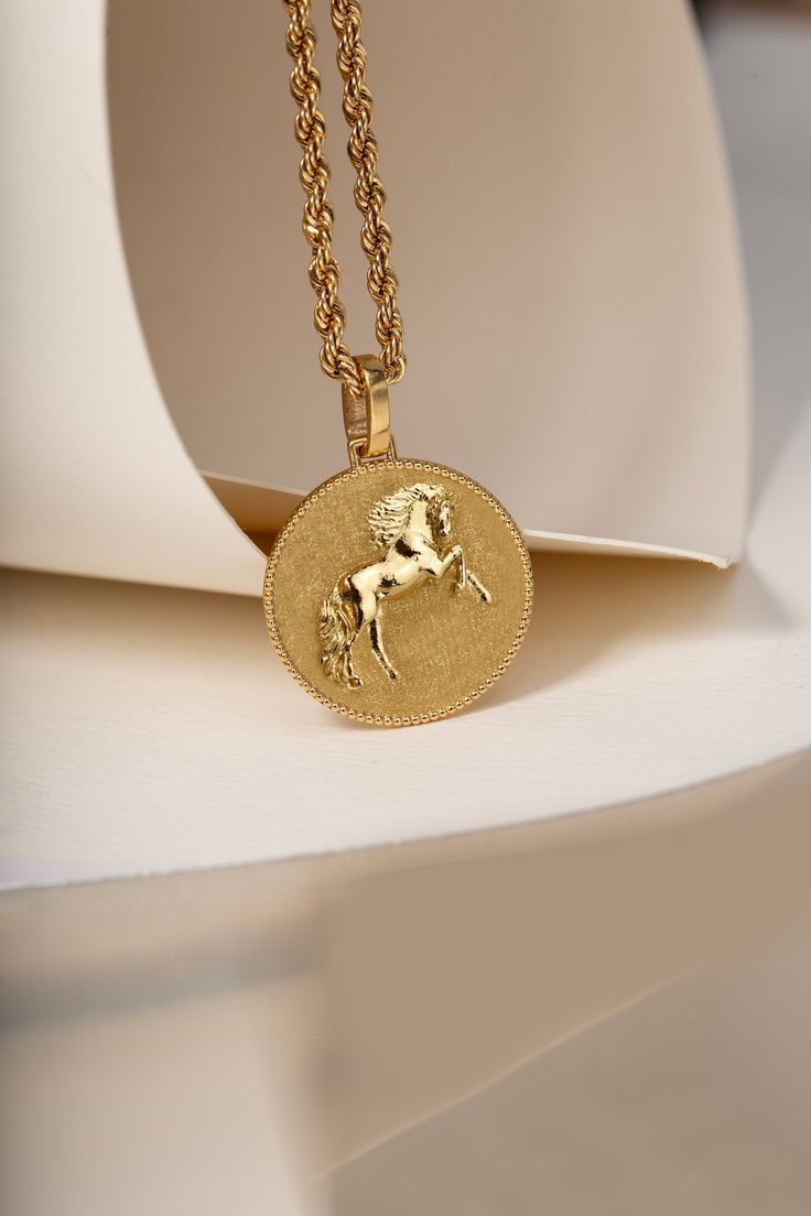 Welcome to PoshGoldJewelry, Our collection of round pendants with unique designs on top are made for both men and women. Our Horse necklace can be personalized on the back with a custom message of your choice. Pendant Thickness: 0.6mm Rope Chain Thickness: 2.10mm Material: - 14K Real Solid Gold A hallmark (stamp) of the material of your pendant will be included on the back for certification. - Gift Box with each order! ✔️ You can contact us for the creation of your custom pendant. ✔️ Contact us Horse Jewelry Necklaces, Equestrian Necklace, Rearing Horse, Ideas Regalos, Flower Resin Jewelry, Horse Pendant, Animal Necklace, Gold Horse, Horse Necklace