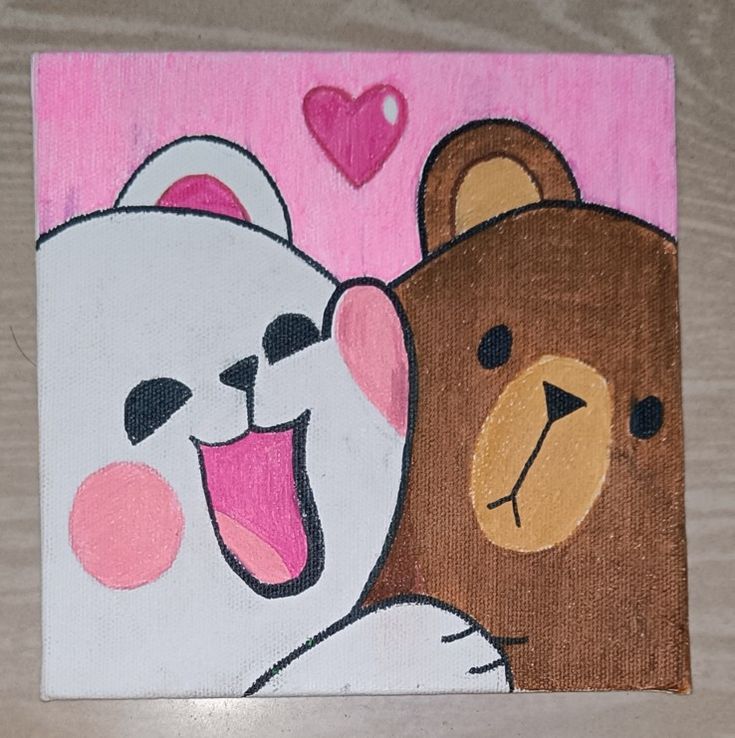 a painting of two teddy bears with hearts on the back and one bear hugging its head