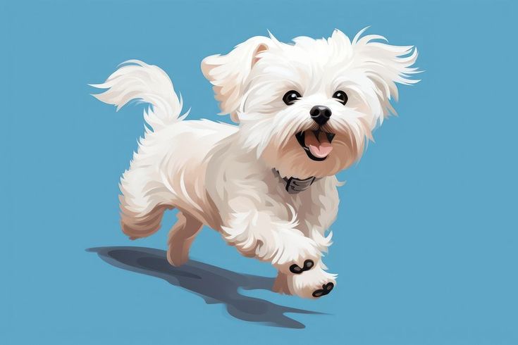 a small white dog running across a blue background