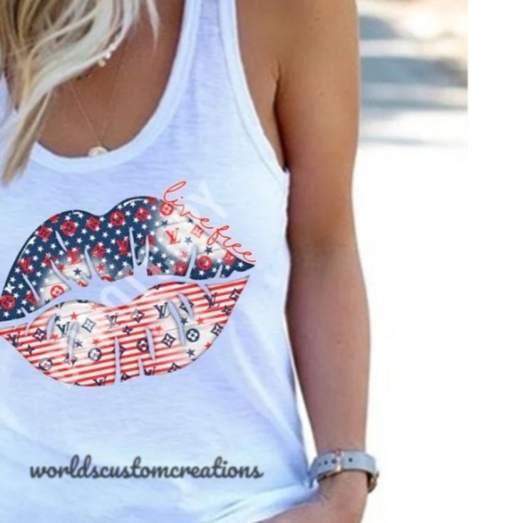 Live Free American Flag Lv Lips Tank Top. Can Make In A Variety Of Sizes And Colors. Prefer A Different Style (Tee, Crop Top, Etc) Please Dm Or Comment To Discuss. #Livefree #Lips #Lv #American #4thofjuly #Patriotic Trendy Summer Tops With Flag Print, Trendy American Flag Summer Top, Trendy American Flag Print Top For Summer, Summer Cotton Tops With Flag Print, Casual White Tank Top With Flag Print, Cotton Flag Print Tops For Summer, American Flag Print Cotton Tank Top, Patriotic White Tops For Summer, White Patriotic Tops For Summer