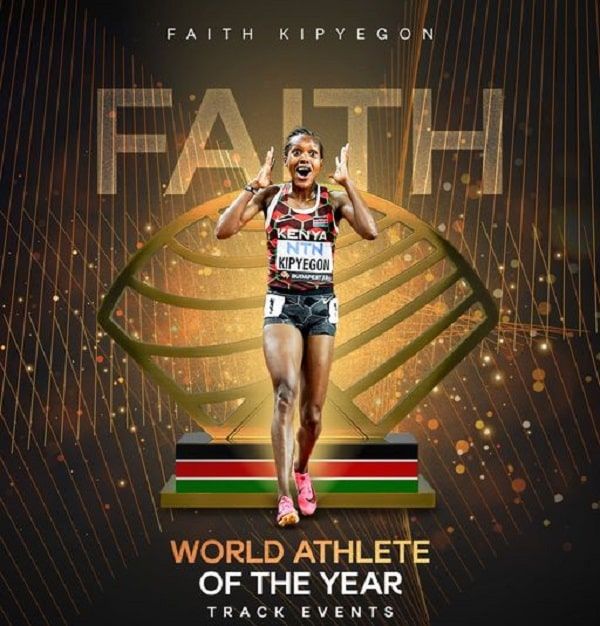 a woman running on top of a track with the words faith world athlete of the year