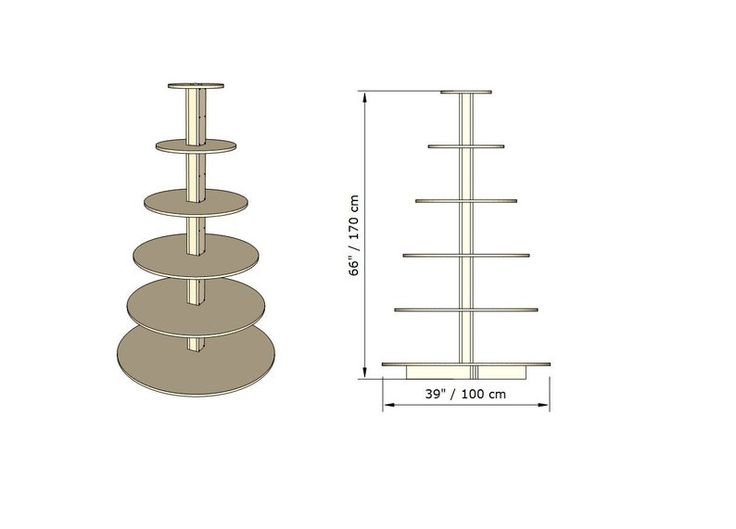 three tiered display stand with measurements for the top, bottom and bottom shelves on each side