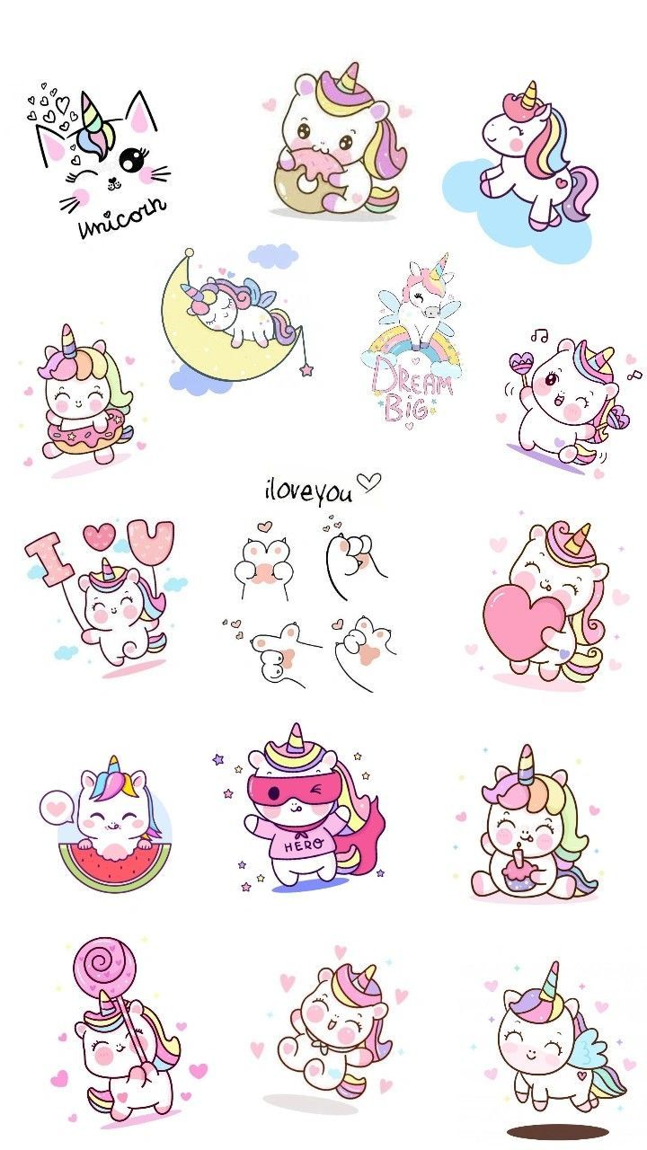 an assortment of cartoon stickers with unicorns and other animals on them, all in different