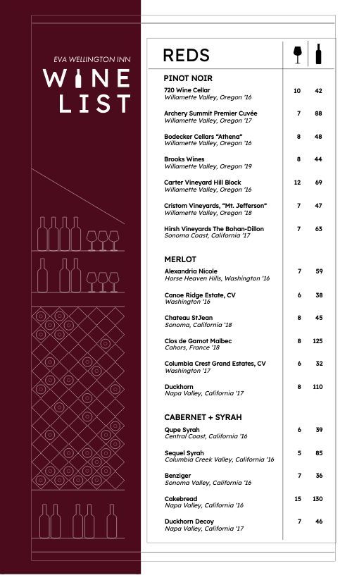 the wine list is shown in red and white