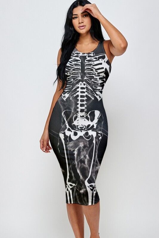 Women's Black Halloween Skeleton Print Midi Dress Spring Gothic Bodycon Dress, Fitted Black Dress For Halloween, Spooky Halloween Costume Party Dresses, Edgy Halloween Party Dresses, Fitted Gothic Dress For Halloween, Stretch Dress For Halloween Night Out, Sleeveless Witchy Dress For Costume Party, Summer Fitted Witchy Dress, Gothic Dress For Halloween Night Out