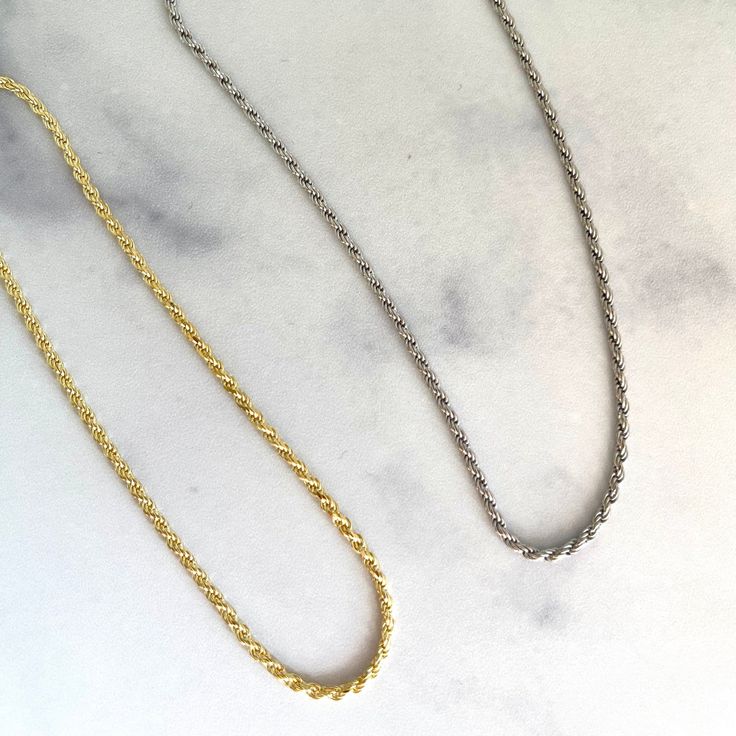 "Super high quality rope chain necklace! Skinny rope chain is perfect for a minimalist look or stacked with other chain necklaces. #1 Trend at the moment! - - D E T A I L S - - ▫︎ Made of 925 Sterling Silver ▫︎ Thick plating of 14k Gold or Rhodium ▫︎ 18\" Chain + 3\" Extension Chain ▫︎ 2\" Thickness ▫︎ Lobster-clasp closure Necklaces on Model: https://www.etsy.com/listing/922116533/small-paperclip-necklace-chain-necklace?ga_search_query=paperclip%2Bnecklace&ref=shop_items_search_1&pro=1 Rope Chain Necklace For Everyday, Gift Twisted Rope Chain Necklace, Everyday Rope Chain Necklace, Dainty Rope Chain Necklace For Everyday Wear, Dainty Everyday Rope Chain Necklace, Everyday Minimalist Rope Chain Necklace, Rope Chain Gold, Twisted Necklace, Chain Layering