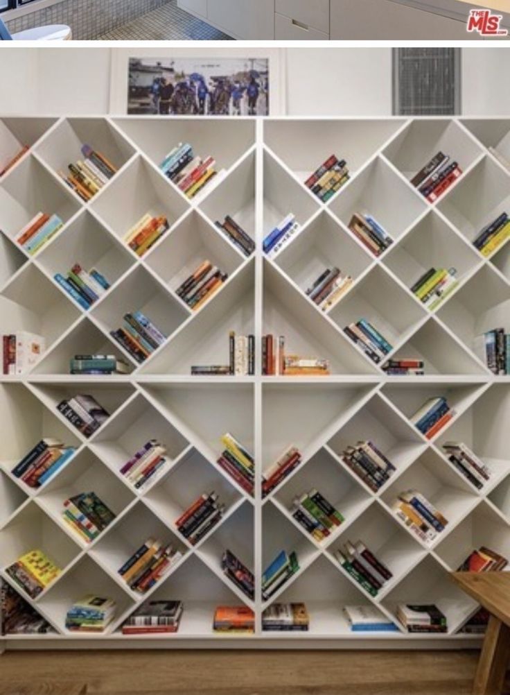 two pictures side by side with bookshelves in the middle