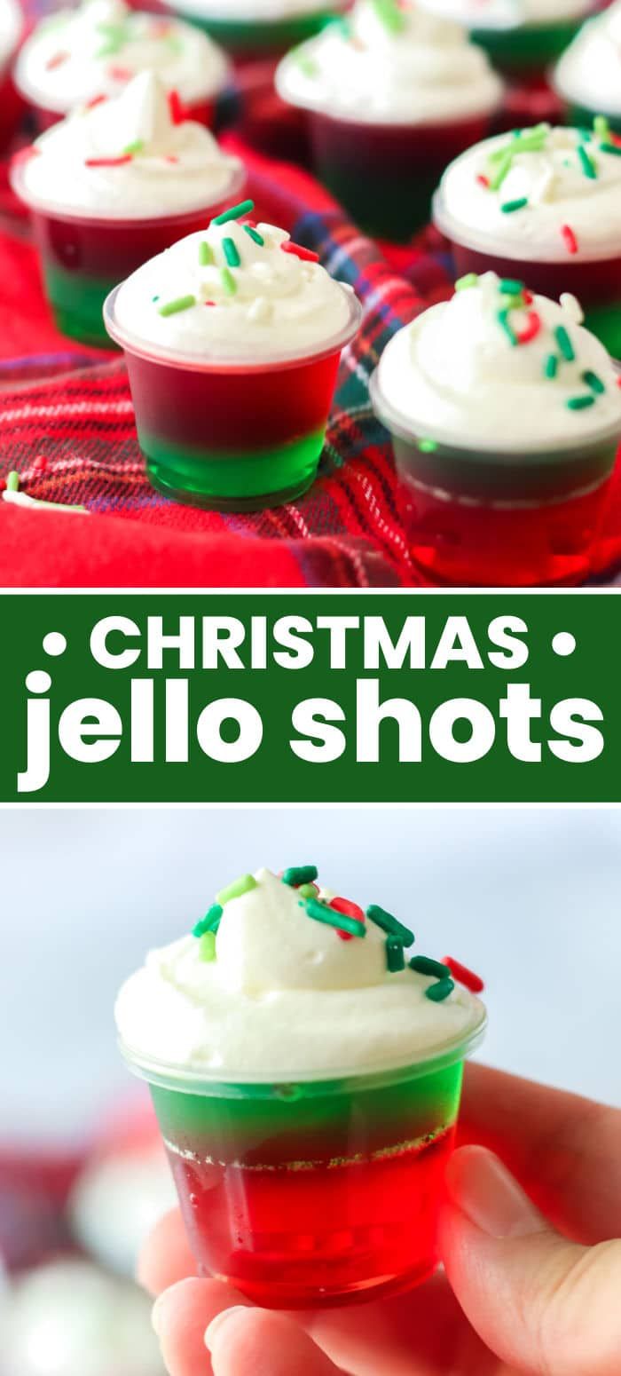 christmas jello shots with white frosting and green sprinkles on top