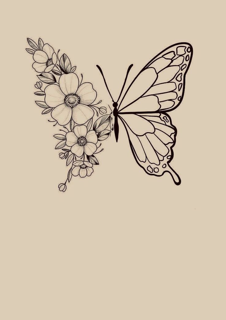 a drawing of a butterfly with flowers on it's back end and the wings open