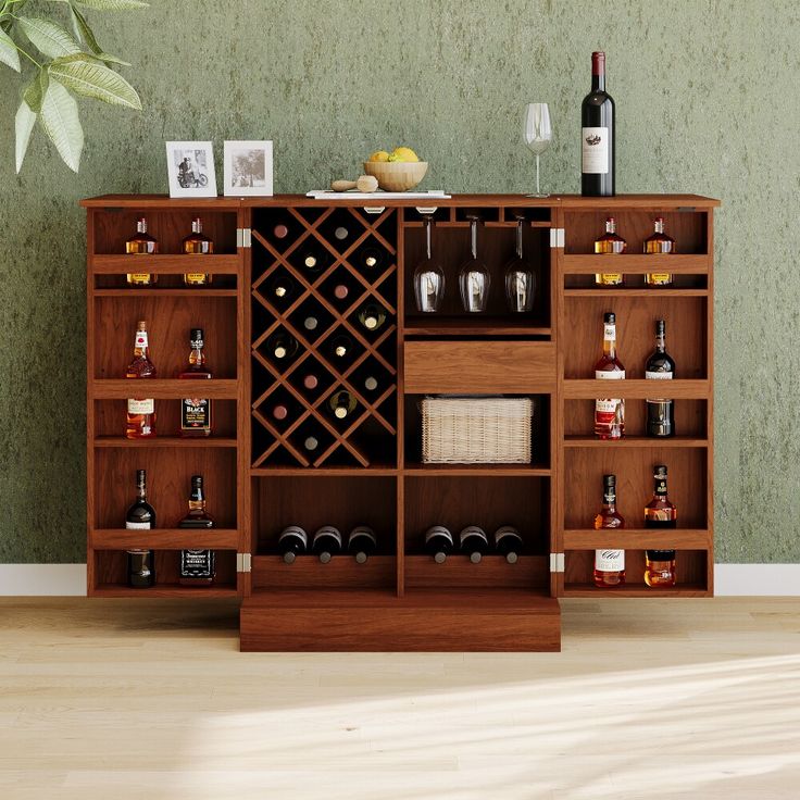 a wooden wine rack with bottles and glasses on it