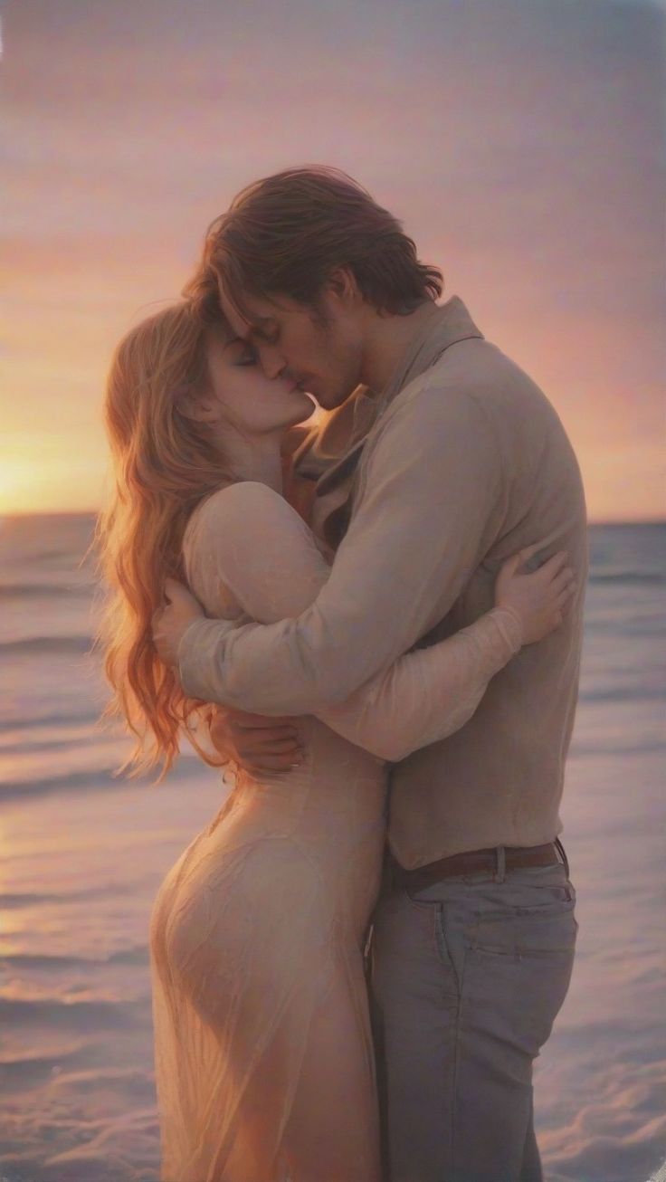 a man and woman kissing in front of the ocean at sunset, with their arms around each other