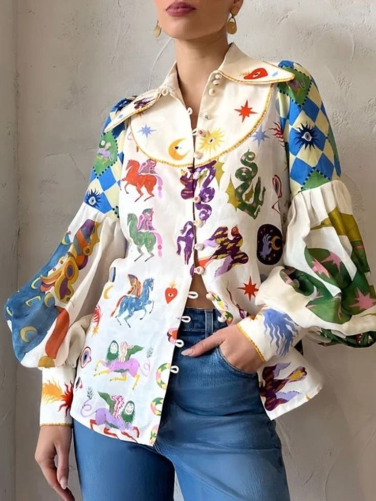 Mode Prints, Vintage Blouse, Weave Style, Loose Outfit, Turndown Collar, Boho Print, Collar Top, Lantern Sleeve, Mode Vintage