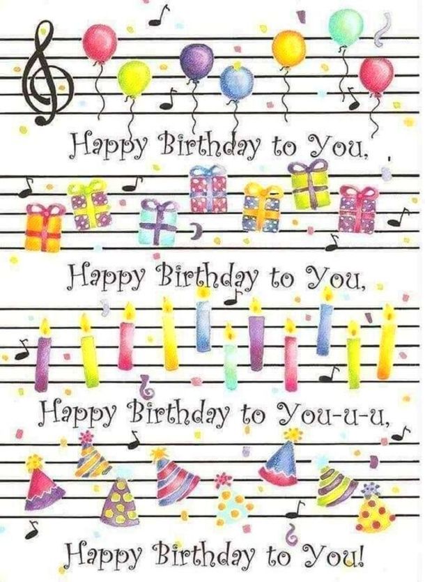 a birthday card with musical notes, candles and balloons on it's border that says happy birthday to you