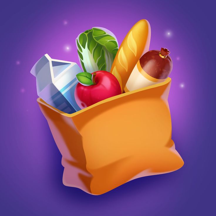 a bag filled with fruits and vegetables on top of a purple background