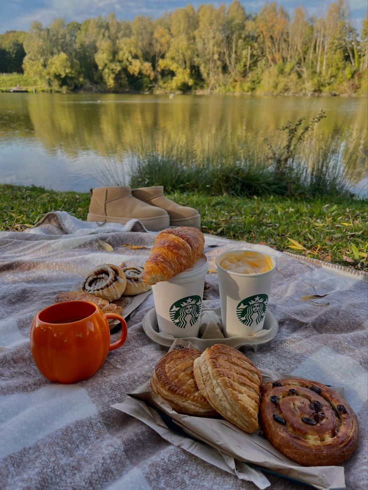 autumn picnic, fall picnic, psl, cinnamon rolls, fall date Fall Aesthetic Picnic, Fall Picnic Ideas Food, Fall Birthday Picnic, Autumn Picnic Ideas, Autumn Picnic Aesthetic, Autumn Picnic Food, Fall Activities With Friends, Fall Date Aesthetic, Fall Picnic Date