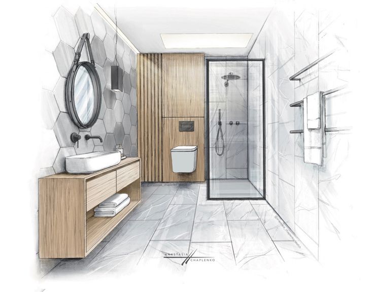 a drawing of a bathroom with wooden cabinets and white tile flooring on the walls