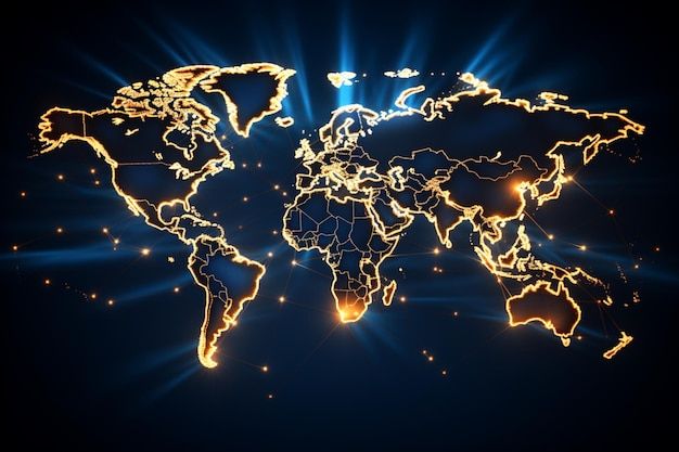 a glowing world map in the dark with bright lights on it's sides and blue background