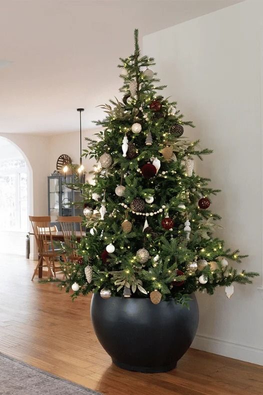 a decorated christmas tree in a black pot on a wooden floor next to a dining room table