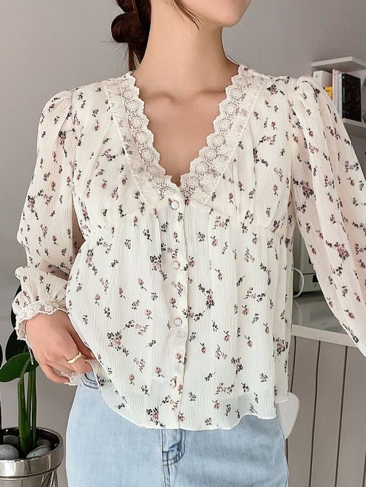 DAZY Floral Lace Trim Puff Sleeve Blouse Korean Blouse, Neckline Designs, Fabric Floral, Puff Sleeve Blouse, Women Tops, Dress Styles, Floral Blouse, Print Top, Skirt Top