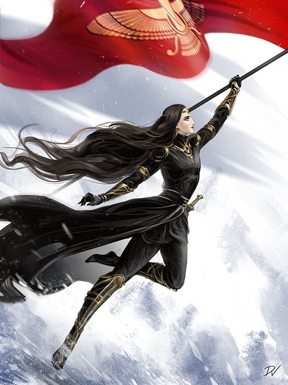 a woman in black holding a red flag and standing on top of a snow covered mountain