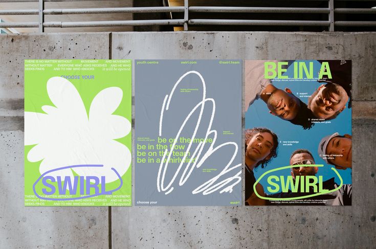 three posters are hanging on the side of a concrete wall, one is advertising swirl