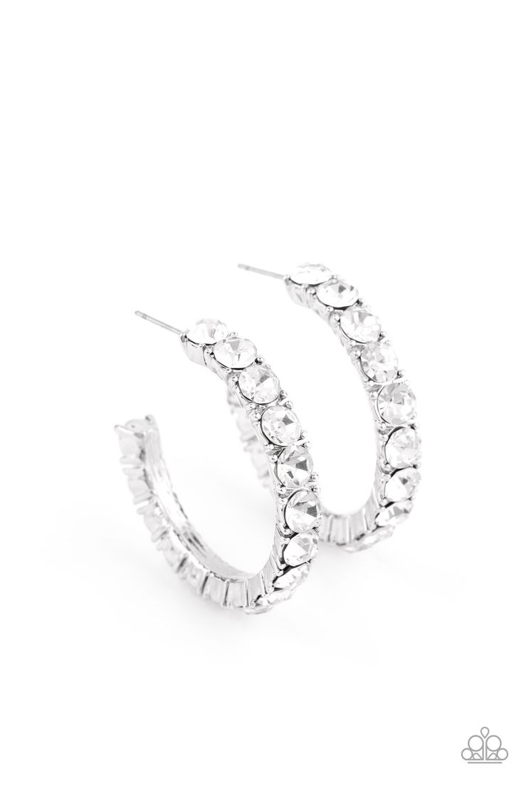 An oversized collection of glittery white rhinestones are encrusted along a textured silver hoop, creating a glamorous sparkle. Earring attaches to a standard post fitting. Hoop measures approximately 1 1/2" in diameter.

 Sold as one pair of hoop earrings. White Hoop Earrings, Medium Hoop Earrings, Jewelry Catalog, Paparazzi Accessories, White Rhinestone, Paparazzi Jewelry, White Earrings, Pink Earrings, Pink Rhinestones